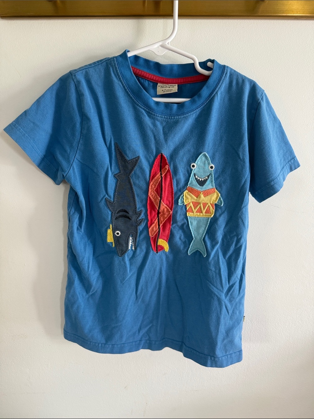 Frugi 6-7y Blue Kids Tee with Shark & Surf Appliqués